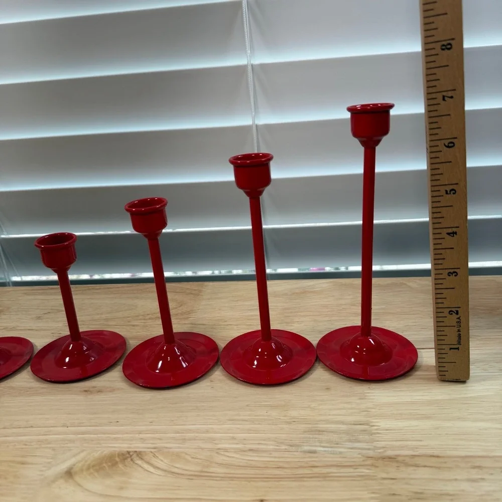 Vintage Graduated Candlesticks Red Metal Classic Taper Candle Holders Set